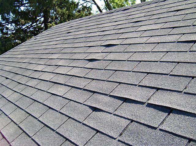 Asphalt shingles curling at the edges.